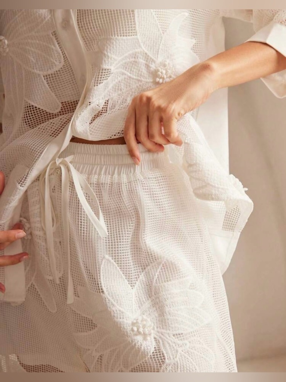 Sheer Floral Embroidered Button-Down Set in white - Picture 4 of 4